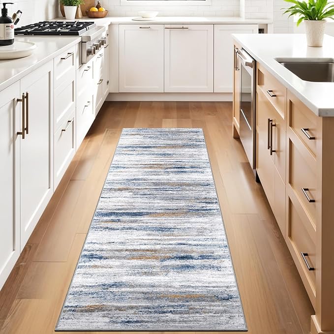 3x7 Washable Runner Rug for Family: Easy-to-Clean Runners for Hallway Entryway Kitchen Bedroom - Stain and Water Resistant Rugs with Non-Slip Backing - Soft Low-Pile Carpet Navy Grey