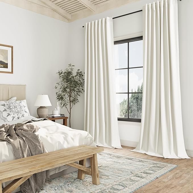 Ivory 100% Blackout Linen Curtains 102 Inch Length 2 Panels Set for Living Room Bedroom Back Tab Thermal Insulated Black Out Drapes Room Darkening Farmhouse Style for Bedroom Window Curtains 52x102