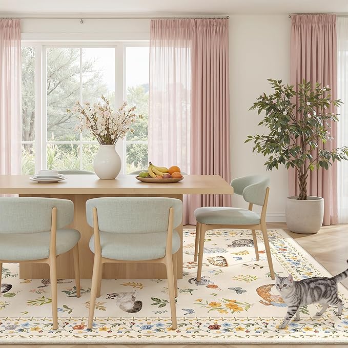 Cat 8x10 Area Rugs for Living Room, Machine Washable Animal Floral Vintage Rug Non-Slip Low Pile Soft Throw Large Rugs for Bedroom Dining Room Kitchen Nursery Playroom (8 x 10,Beige)