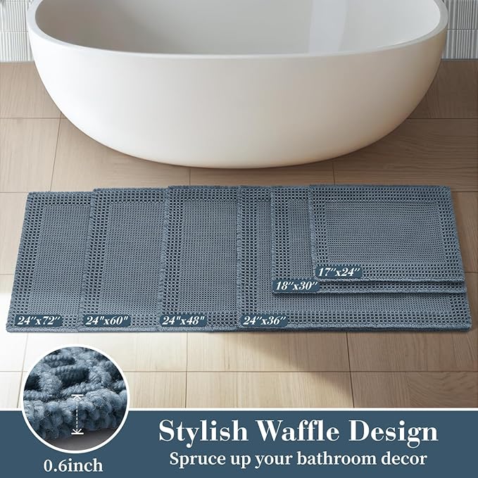 RESARE Waffle Bath Mat for Bathroom, Super Absorbent Bathroom Rugs Non Slip Machine Washable, Ultra Soft Quick Dry Boho Bath Rugs with Tassels for Floor, Upgraded Bordered Design, 24"x36" Blue