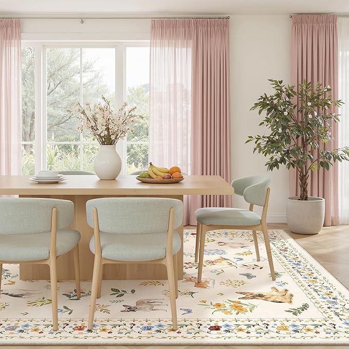 Soalmost Dog 8x10 Area Rugs for Living Room, Machine Washable Animal Floral Vintage Rug Non-Slip Low Pile Soft Throw Large Rugs for Bedroom Dining Room Kitchen Nursery Playroom (8 x 10,Beige)
