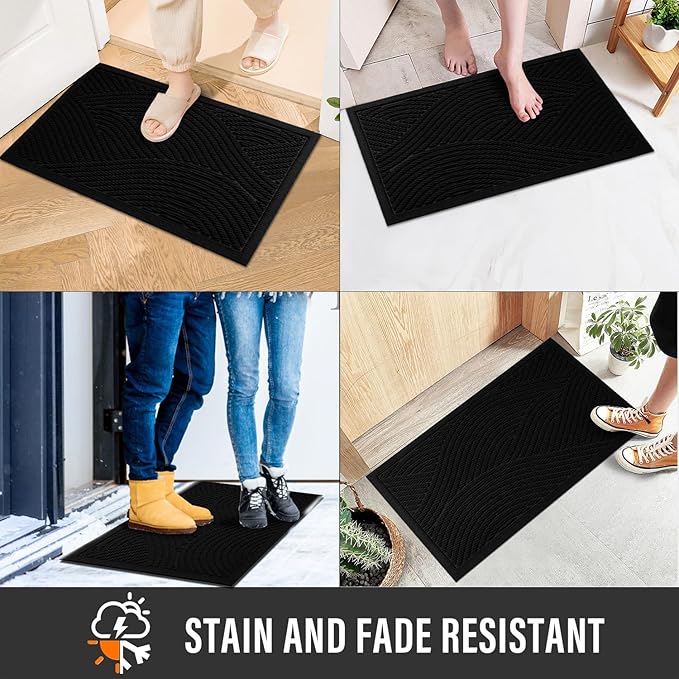 HIYARD Sturdy Front Door Mat, Absorbent Muddy Dirt Resist Welcome Door Mats Outdoor Indoor, Stain and Fade Resistant, Non-Slip Backing Entry Mat Low Profile Doormat for Entryway, 60×36, Black