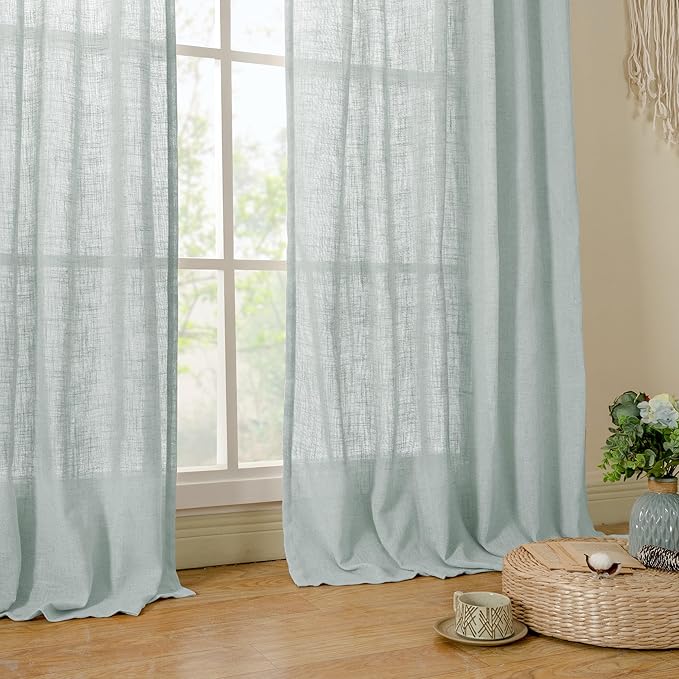 LAMIT Living Room Linen Curtains - 90 Inch, Back Tab & Rod Pocket, Light Filtering, Burlap Textured Sheer Curtains for Farmhouse, 2 Panels, 52 x 90 Inch, Greyish Blue