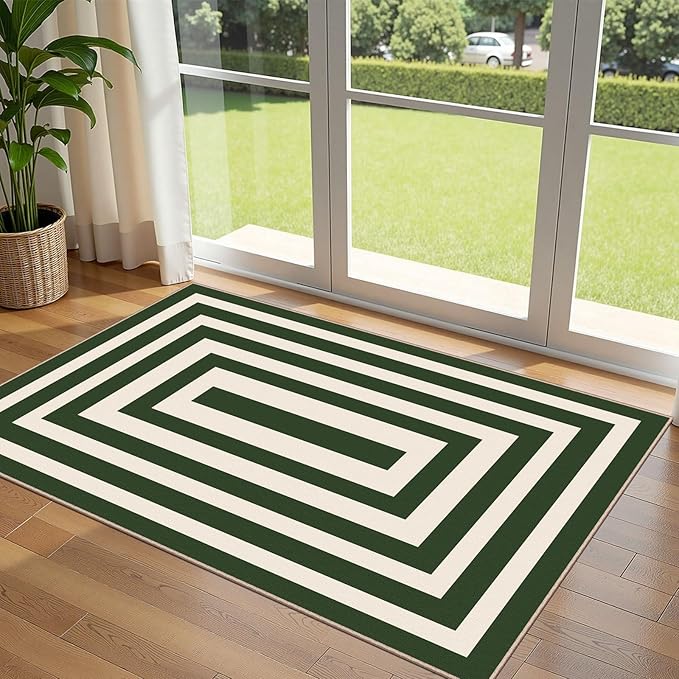 3x5 Modern Entry Rug - Small Washable Indoor Outdoor Mats for Front Door Non-Slip Porch Rug Green White Geometric Striped Throw Rugs for Living Room Bedroom Entryway Kitchen Office Porch Decor
