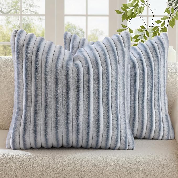 decorUhome Cozy Faux Fur Throw Pillow Covers 22x22 Set of 2 Decorative Soft Plush Striped Modern Farmhouse Boho Couch Euro Sham Pillow Cases with Velvet Back for Sofa Bed Living Roomr, Grey White
