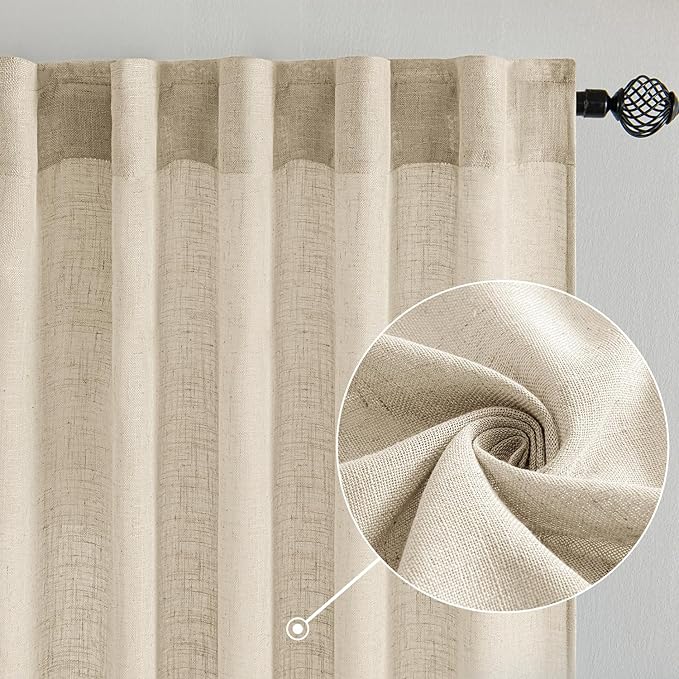 MIULEE Short Linen Curtains 45 Inch Length 2 Panels for Kitchen Bedroom Bathroom, Soft Thick Linen Textured Back Tab Window Drapes Semi Sheer Light Filtering Rod Pocket Modern Farmhouse Decor