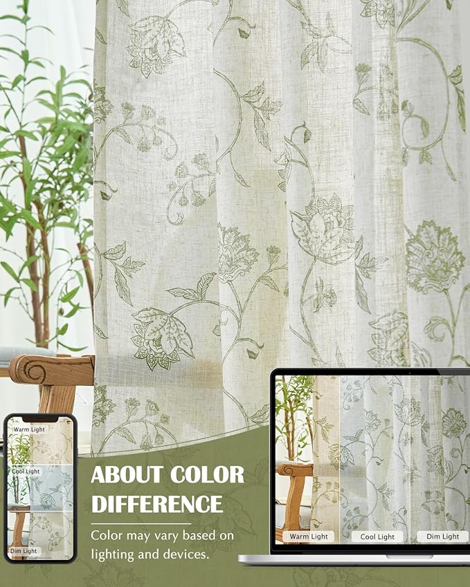 jinchan Linen Curtains Floral Curtain 84 Inch Length for Living Room Bedroom Light Filtering Rod Pocket Back Tab Jacobean Curtains Flax Linen Texture Window Drapes Set 2 Panels Green on Linen
