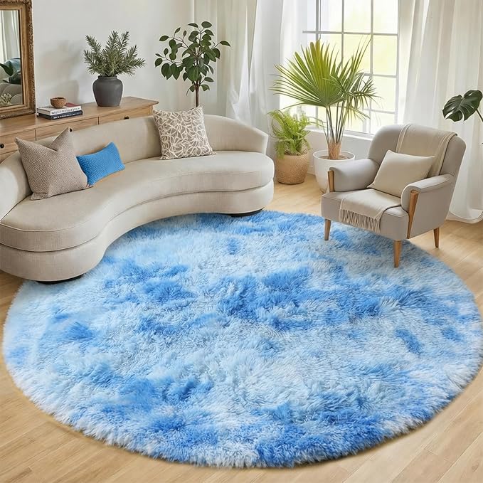 ONASAR Round Rugs 6ft for Living Room Bedroom, Tie-Dye Blue Fluffy Circle Area Rug for Kids Girls Boys Teen, Soft Plush Shaggy Carpet for Nursery Dorm Classroom Playroom Home Decor Aesthetic
