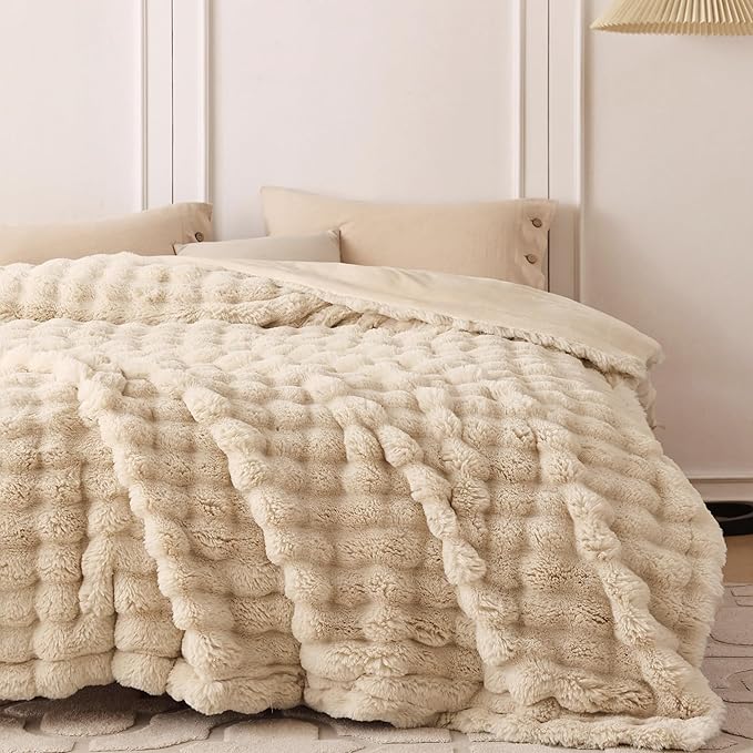 COOVA Faux Fur Throw Blanket for Couch, Cozy Soft and Fuzzy Plush Rabbit Fur Bubble Blanket for Sofa Bedroom Living Room, 60x80 Inches Light Taupe