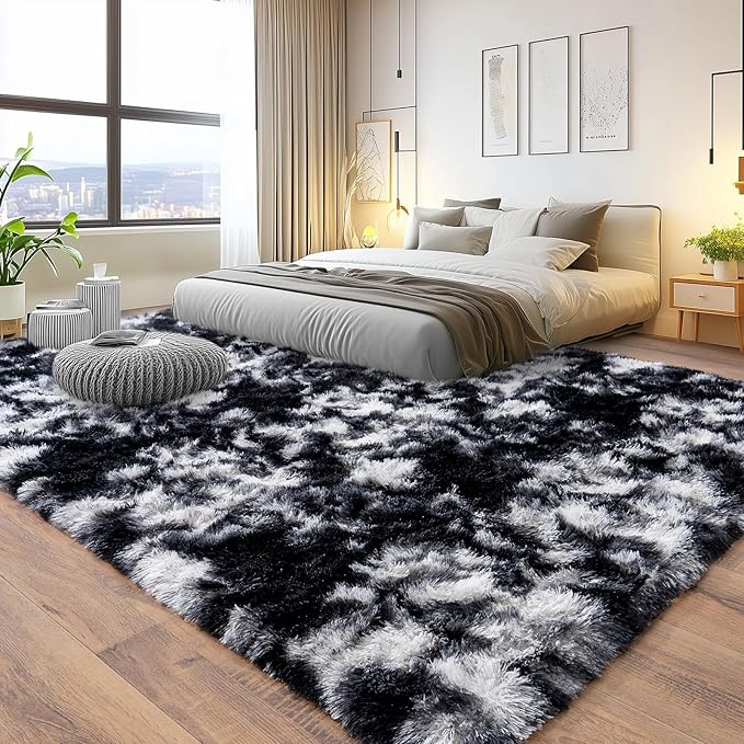 Pionblank 8x10 Rug for Living Room, Fuzzy Plush Large Area Rug, Fluffy Modern Shag Non Slip Soft Furry Carpet for Bedroom Kids Room Nursery Teens Dorm Home Decor, Black White
