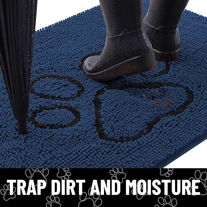 Smiry Dog Door Mat for Muddy Paws, Absorbent Dirt Trapper Non Slip Quick Dry Washable Chenille Mat for Mud Dogs, Entry Rug for Indoor and Outdoor (36x24 Inches, Dark Blue and Black)