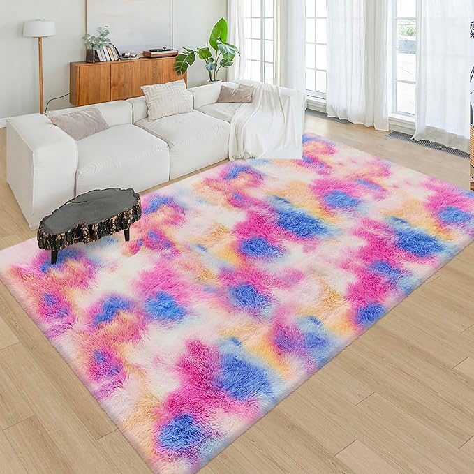 Fluffy Rainbow Colorful Rug for Living Room 5x8 Kawaii Rainbow Tie Dye Area Rug Fuzzy Indoor Floor Unicorn Rug for Bedroom Girls Kids Nursery Baby Princess Room Dorm Home Decor Aesthetic Carpets