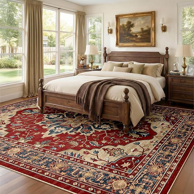 RELEANY Area Rugs 9'x12' Washable Non-Slip, Floral Vintage Distress Print Pattern Medallion Carpet for Living Room Bedroom Dining Room, Red Blue