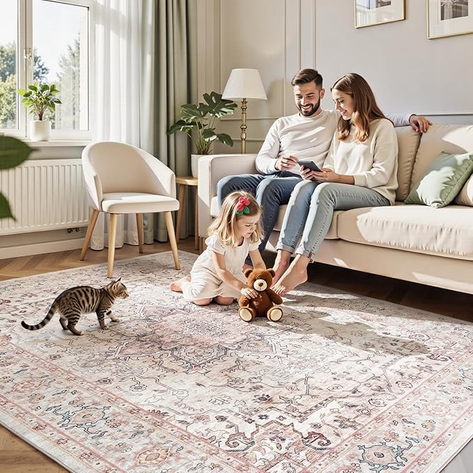 Lofus 5x7 Area Rugs for Living Room, Washable Area Rug, Rugs for Bedroom, Kitchen, Vintage Boho Carpet, Soft Non-Slip, Low Pile Large Area Rug for Office Dining Room, Pink