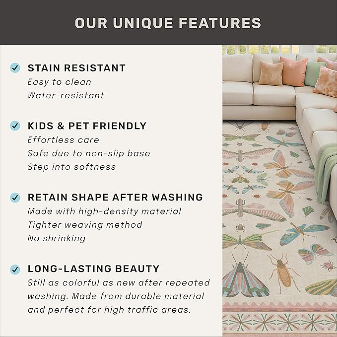 Hazo Haus Neutral Girl Nursery Rug 4x6 - Beige & Pink Rugs for Bedroom, Living Room - Washable Low Pile Non-Slip Charming Insect Print Vintage Girly Design, Perfect for Kids Rooms