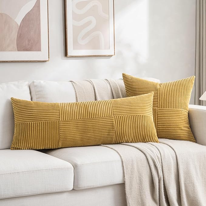 Fancy Homi 2 Packs Mustard Yellow Decorative Throw Pillow Covers 18x18 Inch for Living Room Couch Bed, Farmhouse Boho Home Decor, Soft Corss Corduroy Patchwork Textured Accent Cushion Case 45x45 cm