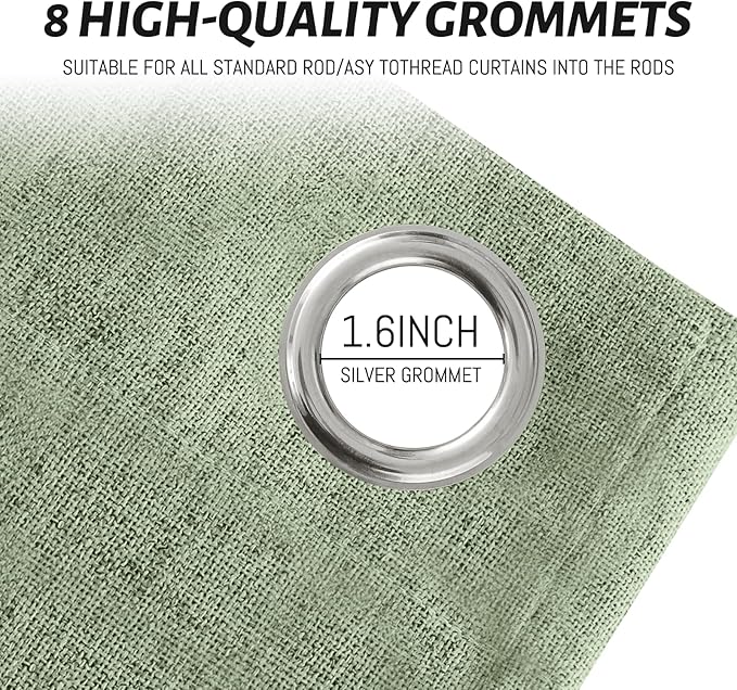 Yakamok Light Sage Green Linen Curtains 100% Blackout 96 Inches Long,Room Darkening Textured Curtains for Living Room Thermal Grommet Bedroom Curtains 2 Panels with White Liner