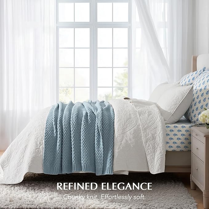 EVERGRACEHOME Chunky Chenille Knit Throw Blanket for Couch, Soft Luxurious Moss Stitch Blankets for Bed, Cozy Decorative Farmhouse Knitted Throws for Sofa, Chambray Blue, 50" x 60"