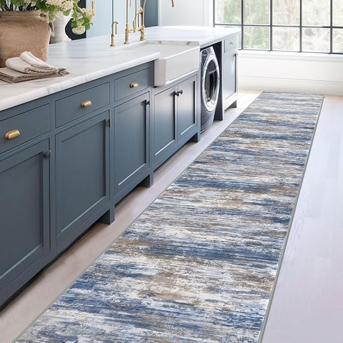 KOZYFLY Modern Abstract Washable Rug Runner 2.6x16 Hallway Rug Runner Non-Slip Soft Kitchen Runner Rugs, Blue Rust Striped Carpet for Stair Entryway Bathroom Laundry Room Foyer