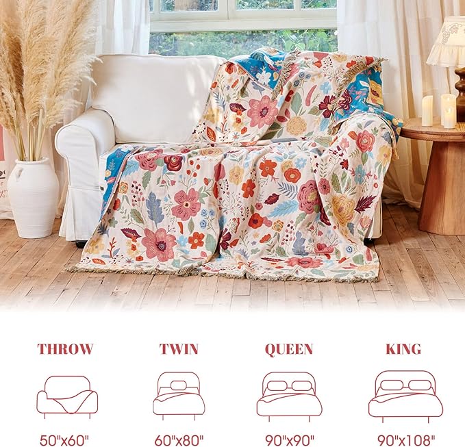 MSGKV Boho Throw Blanket for Couch 100% Cotton Floral Blanket 50"x60" Sofa Bed Chair Blanket All Seasons Lightweight Farmhouse Muslin Spring Breathable Blankets Home Decor