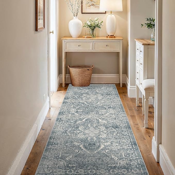 3x6 Washable Hallway Runner Rug - Non Slip Kitchen Runner Rugs with Rubber Backing Vintage Low-Pile Carpet Runners for Entryway Dining Room Laundry Room Home Decor (Blue)