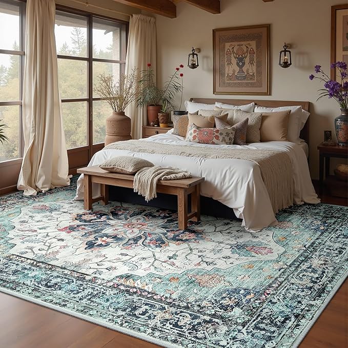 Area Rugs 10'x12' Washable Non-Slip, Floral Vintage Distress Print Pattern Medallion Carpet for Living Room Bedroom Dining Room, Green Navy Blue White Red Teal Colorful