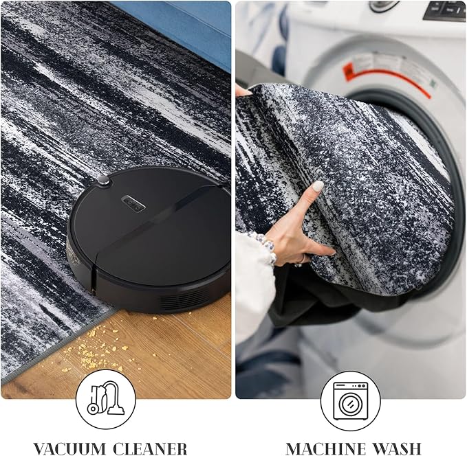 Lansny Modern Abstract Hallway Runner Rug, Black Grey Washable Entryway Runner Non-Slip Soft 2x8 Runner Rug Thin Print Faux Wool Carpet for Kitchen Bedroom Laundry Room Indoor Home Decor