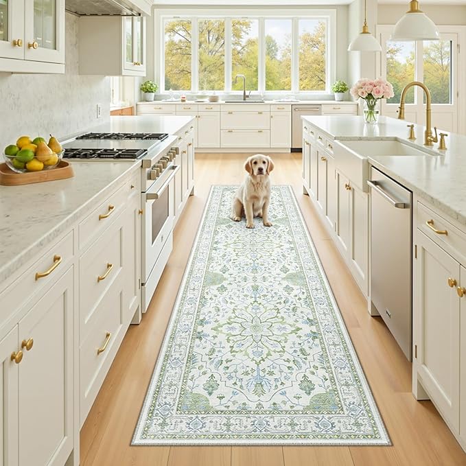 RELEANY Area Rugs 2'x8' Runner Rug Non Slip Washable for Kitchen Hallway Bedroom Beside Laundry Room Bathroom Rug, Floor Carpet, Green White Blue