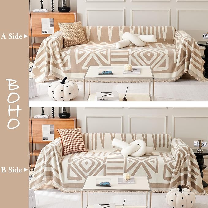 HANDONTIME Sofa Covers for Sectional Sofa Boho Couch Cover for Dogs Khaki Throw Couch Cover with Tassel Loveseat Covers Futon Cover L Shaped Cover Washable Chenille Couch Protector, 71" X150"