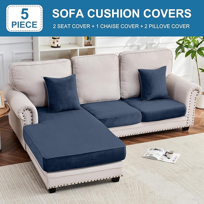 Couch Cover 3-Piece Elastic Velvet Couch Cushion Covers & Chaise Slipcovers for L-Shaped Sofas, Sofa Seat Covers Washable, Soft Cover for Couches (2 Seater + Chaise, Berlin Blue)