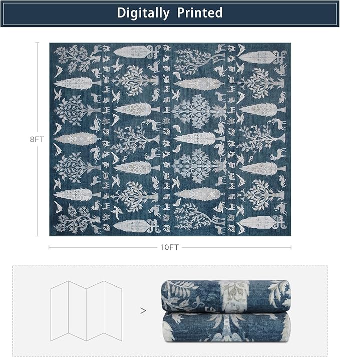 Washable Rugs 8x10 Area Rugs for Living Room,Bedroom,Dining Room- Large Ultra Soft Faux Wool Retro Carpet,Non Slip&Non-Shedding Low Pile Vintage Print Rug for Home Office Dorm Playroom-Blue
