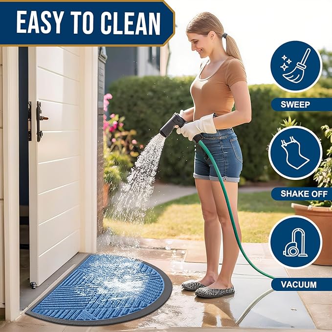 Smiry Half Circle Front Door Mat Outside Entrance, Heavy Duty Sturdy Natural Rubber Doormat, Trap Dirt and Moisture, Low Profile Mats for Indoor Outdoor Entry, Irregular Triangle (35x23, Blue)