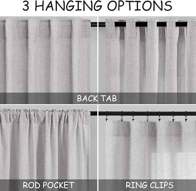 Grey Linen Curtains 108 Inches Long 2 Panels Set for Living Room Extra Long Back Tab Curtains Neutral Farmhouse Light Filtering Semi Sheer Linen Drapes Ceiling to Floor for Large Window 9 FT