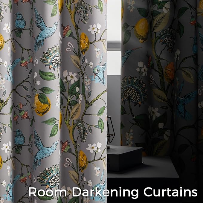 Topfinel Kitchen Curtains 45 Inch Length Gray Vintage Blackout Curtains for Cafe Kitchen, Short Grommet Luxury Whimsical Floral Hummingbird Patterned 45 Inches Long for Living Room Bedroom