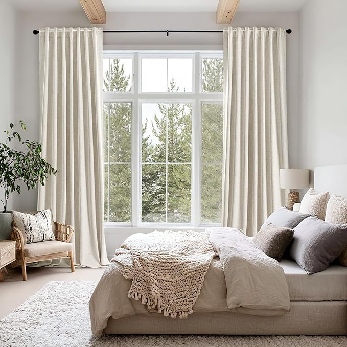 MIULEE 100% Blackout Linen Curtains for Bedroom, Linen Beige Solid Luxury Decor Thermal Insulation Room Darkening Drapes for Living Room Nursery Back Tab Rod Pocket 42 x 96 Inches, 2 Panels