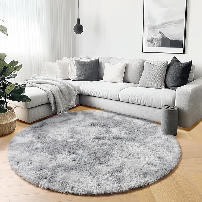 ONASAR Tie-Dyed Light Grey Round Area Rugs 6ft, Ultra Soft Bedroom Circle Rug for Kids Girls Boys Teen Room, Fluffy Plush Shaggy Carpet Floor Mats for Dorm Nursery Living Room Playroom Home Decor