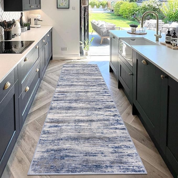 KOZYFLY 3x10 Ft Rug Modern Ombre Runner Rug for Hallway, Washable Kitchen Rugs Non-Slip Soft Striped Entryway Rug, Print Grey-Blue Abstract Carpet for Laundry Nursery