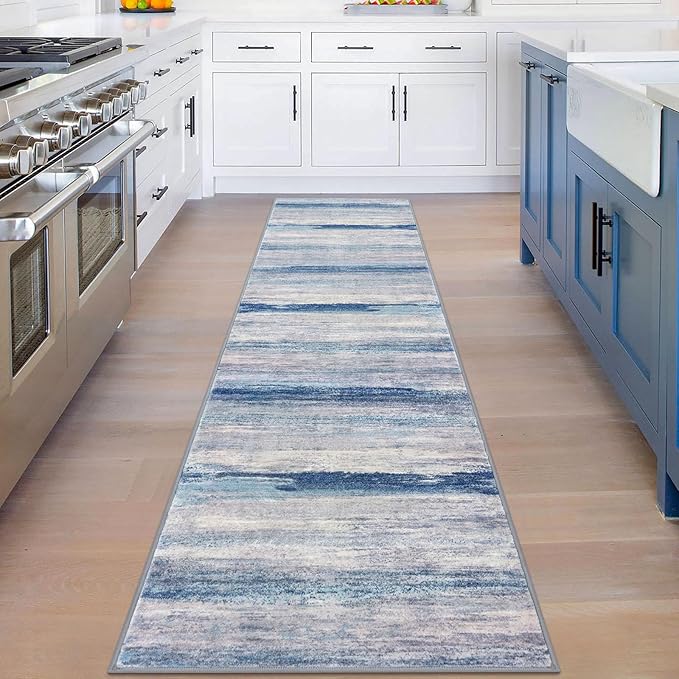 KOZYFLY Modern Abstract Hallway Runner Rug, 2x8 Washable Rug Runner Non-Slip Soft Striped Kitchen Runner Rugs, Print Blue/Grey/Beige Carpet Runner for Entryway Bathroom Laundry Room Foyer