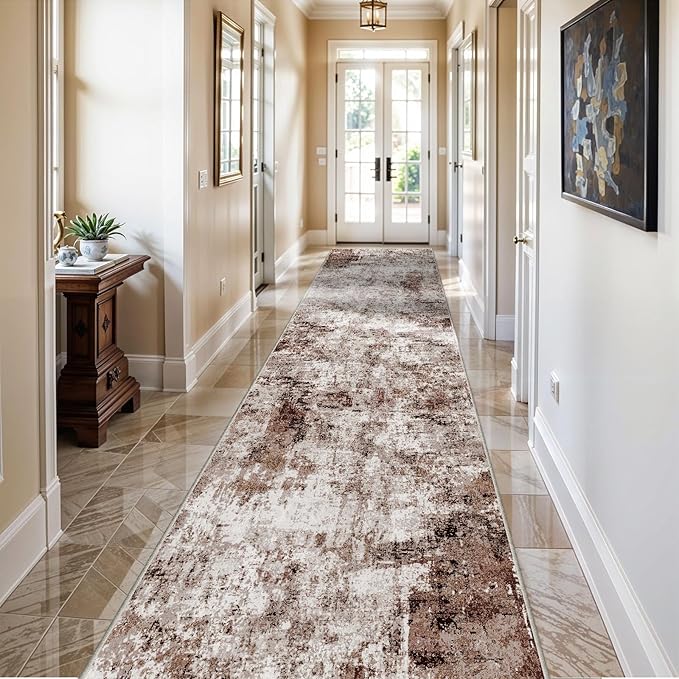 3x16 Washable Runner Rug for Hallway: Extra Long Runners for Entryway Living Room Dining Room - Stain and Water Resistant Rugs with Non-Slip Backing - Soft Low-Pile Carpet Brown Khaki White