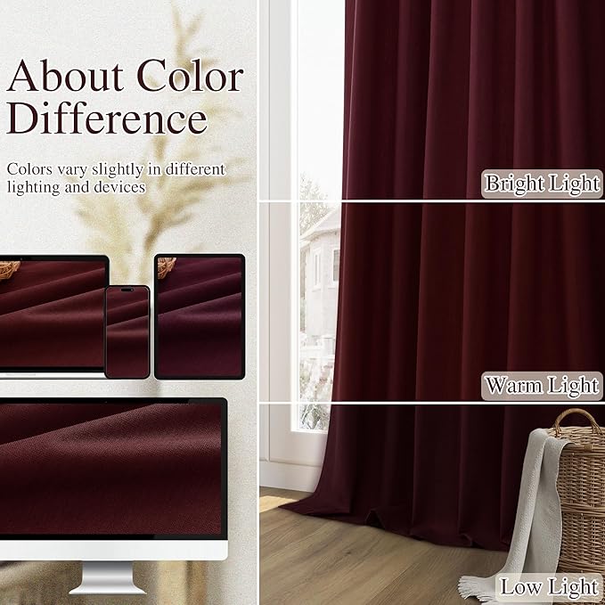 Guken 100% Blackout Curtains 90 Inch Length 2 Panels Set for Living Room Bedroom Back Tab Thermal Insulated Black Out Linen Drapes Room Darkening Window Curtains 90 Inches Long,Burgundy