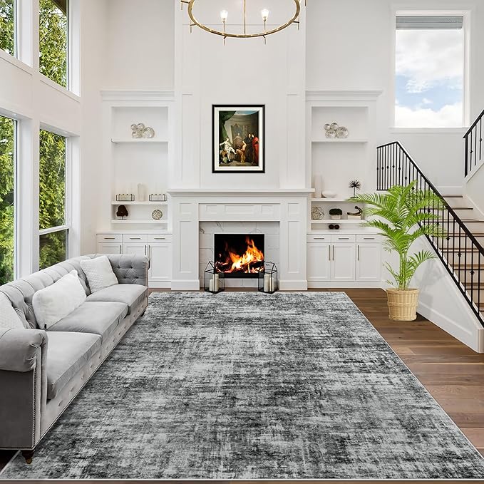 6x9 Area Rugs Washable Rug: Large Modern Abstract Living Room Rug Soft Anti-Skid Thin Carpet Indoor Floor Non-Shedding Carpets for Bedroom Dining Room Farmhouse Nursery Home Office Black