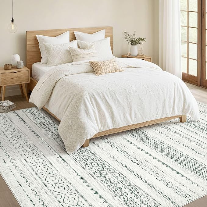 Nakagishi Green Rug Living Room 6x9: Washable Boho Large Neutral Farmhouse Soft Area Rugs Modern Stain Resistant Moroccan Indoor Non-Slip Floor Carpet for Bedroom Nursery Playroom Office Dining Room