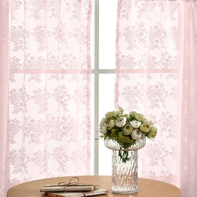 YJ YANJUN Vintage Lace Curtains 36 inch Length 2 Panels - Short Pink Sheer Curtains for Girls Room, Cute Flower Cafe Net with Scalloped Edges, Privacy Blinds Shade for Kitchen Living Room, W26 x L36
