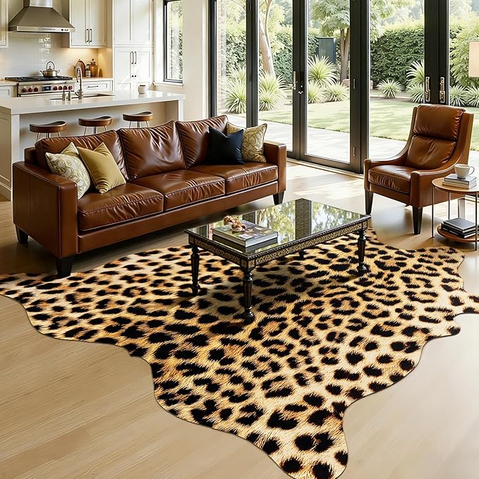 AROGAN 5.2 x 6.2 Ft Faux Leopard Rug, Premium Animal Skin Cheetah Hide Rug, Sturdy Cheetah Print Rugs for Wall Decor, Western Floor Carpet Decor for Bedroom Living Room, Black and Gold
