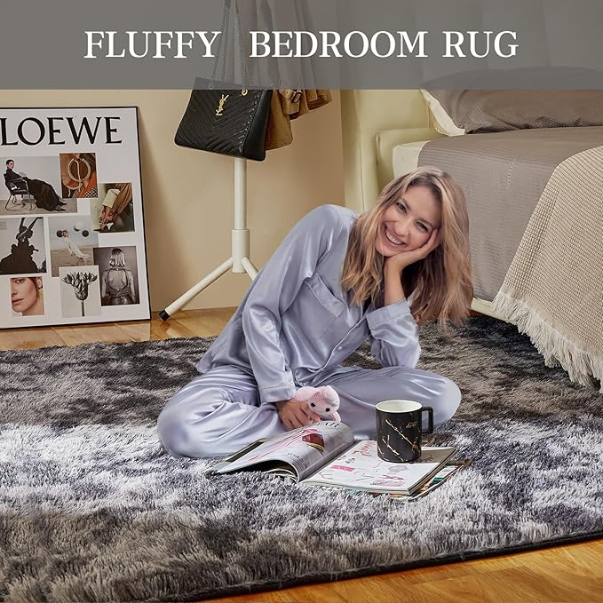 Shag Area Rugs for Living Room 5x7 Feet, Upgrade Anti-Skid Rectangular Cozy Rug, Indoor Floor Carpet for Kids Boys Girls Dorm Bedroom Playroom, Home Decor Aesthetic, Tie-Dyed Dark Gray