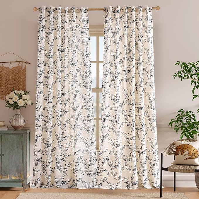 Lazzzy Farmhouse Linen Curtains Extra Long Black Floral Curtains 108 Inch Length Back Tab Drapes for Living Room Bedroom Light Filtering Country Vintage Rod Pocket, 2 Panels, Black on Beige