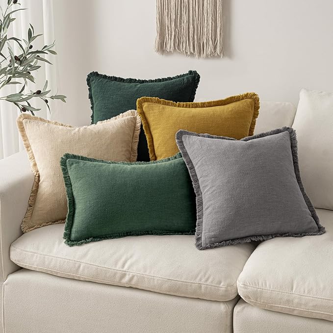 MIULEE Decorative Throw Pillow Covers Neutral Linen Fringe Throw Pillows Set of 2 Army Green Boho Farmhouse Cushion Covers with Tassels for Couch Sofa Bed Living Room Home Decor 18x18 Inch