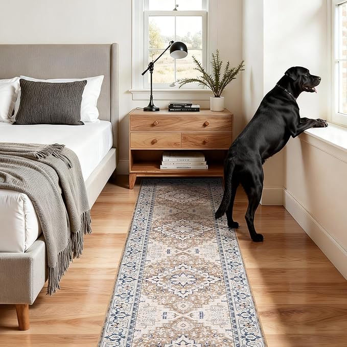 Lofus 2x10 Hallway Washable Runner Rug, Vintage Kitchen Runners Non Slip, Entryway Rugs for Bathroom Bedroom Living Room Laundry Room Floor Mat, Boho Entry Long Carpet, Floral Brown