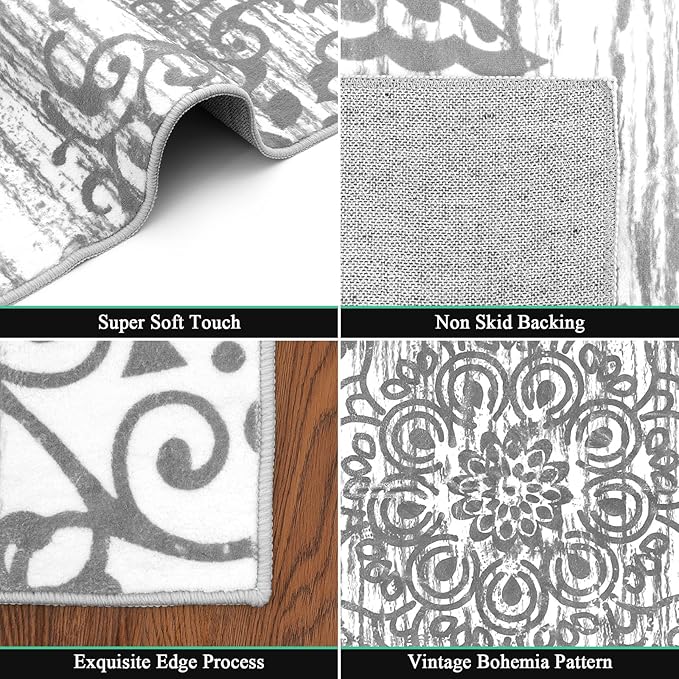 HEBE Washable Area Rug 8'x10' Non Slip Soft Distressed Medallion Bedroom & Living Room Rugs Vintage Entry Floor Carpet for Dining Room Bathroom Entryway