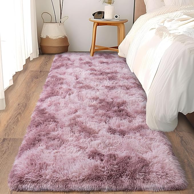Soft Runner Rugs for Bedroom Hallways, 2x6 Tie-Dyed Grey Purple Fluffy Shag Throw Area Rug Non Slip for Bedside Dorm, Long Shaggy Furry Carpet for Nursery Living Room